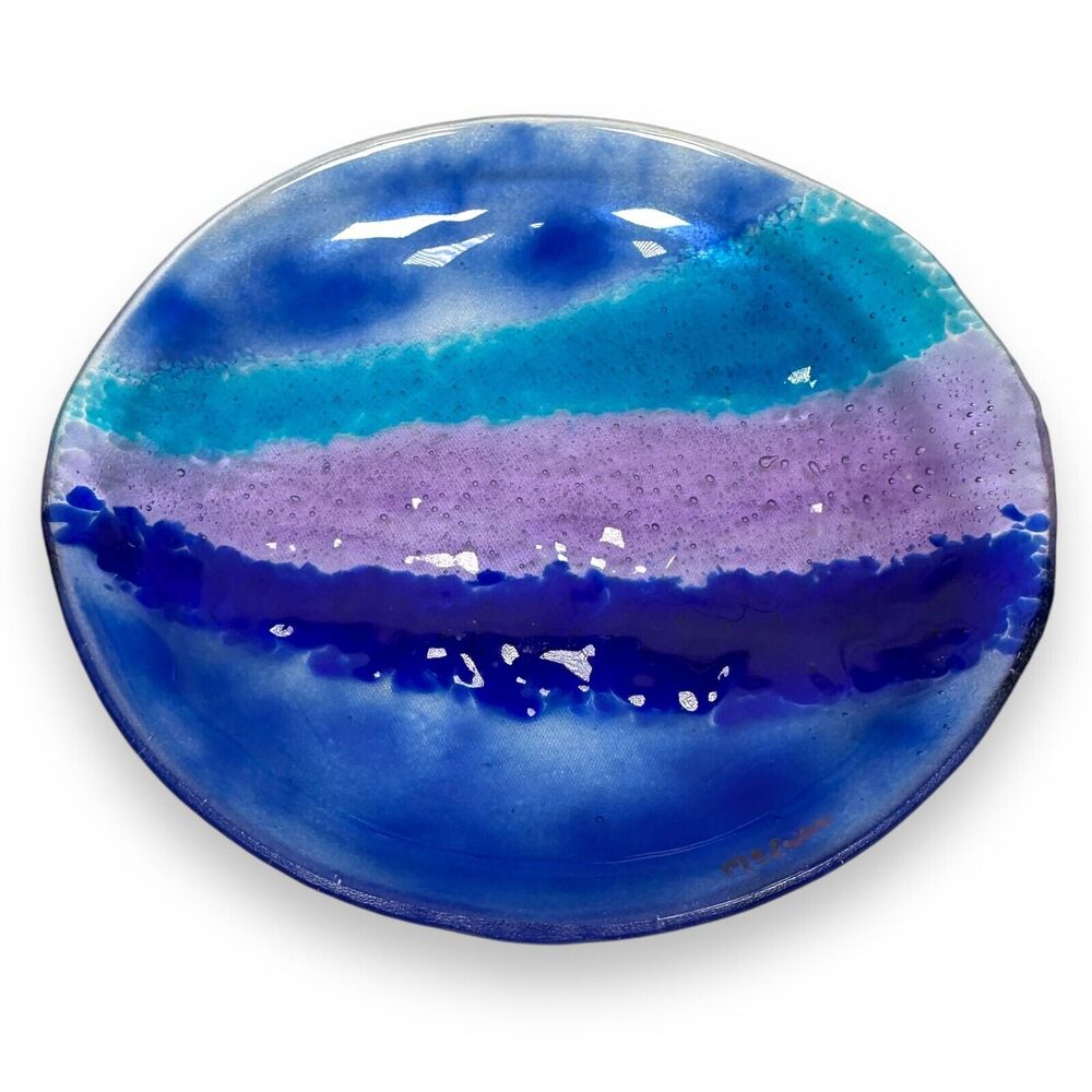 Christine McEwan Jim Freeburn Verre Visage Fused Art Glass Dish Signed 8" Round